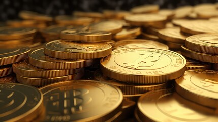 pile of gold bitcoins closeup 3d render 4k ultra