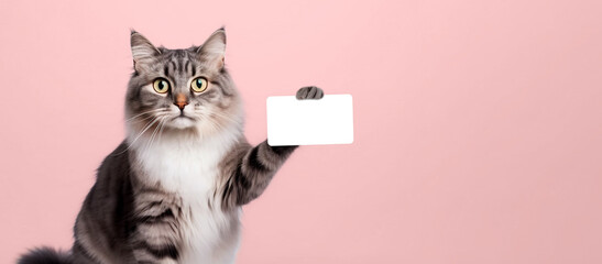 A gray cat holds a credit card in its paw. - obrazy, fototapety, plakaty