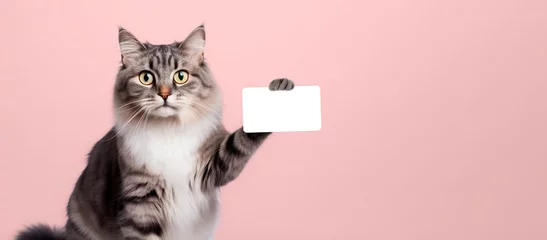 Rolgordijnen A gray cat holds a credit card in its paw. © Svetlana Rey