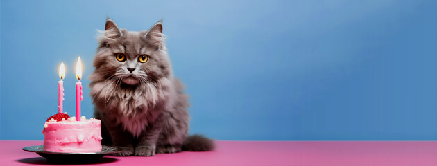 Cute cat with a colorful birthday cake with a candle on a blue background