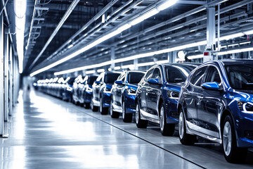 An automobile assembly line at the car manufacturing plant, with numerous cars ready for shipment. The issue of mass production of internal combustion engine vehicles, connection to air pollution