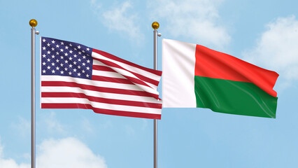 Waving flags of the United States of America and Madagascar on sky background. Illustrating International Diplomacy, Friendship and Partnership with Soaring Flags against the Sky. 3D illustration.