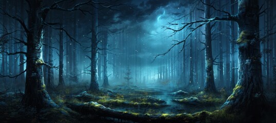 Misty halloween forest horror melancholic dark background. Generative AI technology.