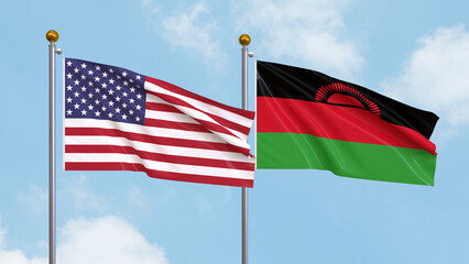 Waving flags of the United States of America and Malawi on sky background. Illustrating International Diplomacy, Friendship and Partnership with Soaring Flags against the Sky. 3D illustration.