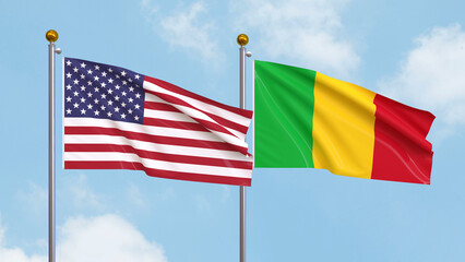 Waving flags of the United States of America and Mali on sky background. Illustrating International Diplomacy, Friendship and Partnership with Soaring Flags against the Sky. 3D illustration.