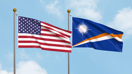 Flags of the United States of America and Marshall Islands on sky background. Illustrating International Diplomacy, Friendship and Partnership with Soaring Flags against the Sky. 3D illustration.