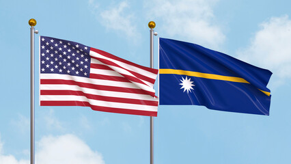 Waving flags of the United States of America and Nauru on sky background. Illustrating International Diplomacy, Friendship and Partnership with Soaring Flags against the Sky. 3D illustration.