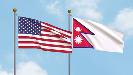 Waving flags of the United States of America and Nepal on sky background. Illustrating International Diplomacy, Friendship and Partnership with Soaring Flags against the Sky. 3D illustration.