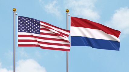 Waving flags of the United States of America and Netherlands on sky background. Illustrating International Diplomacy, Friendship and Partnership with Soaring Flags against the Sky. 3D illustration.