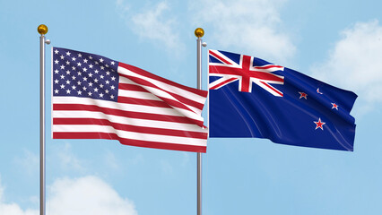 Waving flags of the United States of America and New Zealand on sky background. Illustrating International Diplomacy, Friendship and Partnership with Soaring Flags against the Sky. 3D illustration.