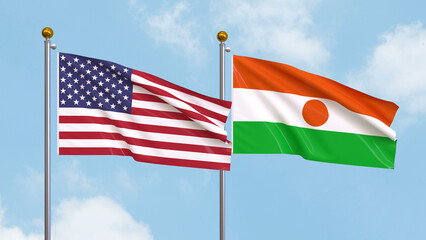 Waving flags of the United States of America and Niger on sky background. Illustrating International Diplomacy, Friendship and Partnership with Soaring Flags against the Sky. 3D illustration.