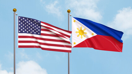 Waving flags of the United States of America and Philippines on sky background. Illustrating International Diplomacy, Friendship and Partnership with Soaring Flags against the Sky. 3D illustration.