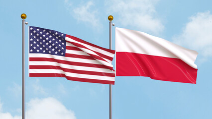 Waving flags of the United States of America and Poland on sky background. Illustrating International Diplomacy, Friendship and Partnership with Soaring Flags against the Sky. 3D illustration.