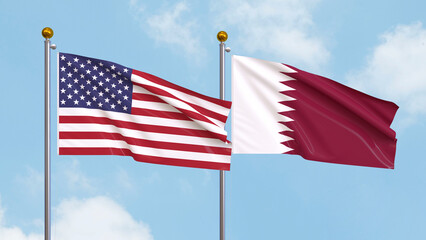 Waving flags of the United States of America and Qatar on sky background. Illustrating International Diplomacy, Friendship and Partnership with Soaring Flags against the Sky. 3D illustration.