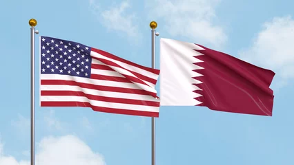 Fotobehang Waving flags of the United States of America and Qatar on sky background. Illustrating International Diplomacy, Friendship and Partnership with Soaring Flags against the Sky. 3D illustration. © Svystun_Roman