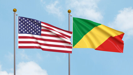 Flags of the United States of America and Republic of the Congo on sky background. Illustrating International Diplomacy, Friendship and Partnership with Soaring Flags against the Sky. 3D illustration.