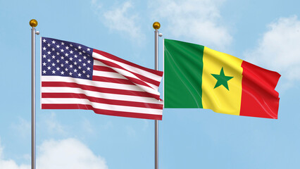 Waving flags of the United States of America and Senegal on sky background. Illustrating International Diplomacy, Friendship and Partnership with Soaring Flags against the Sky. 3D illustration.