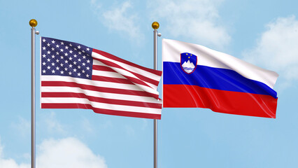 Waving flags of the United States of America and Slovenia on sky background. Illustrating International Diplomacy, Friendship and Partnership with Soaring Flags against the Sky. 3D illustration.