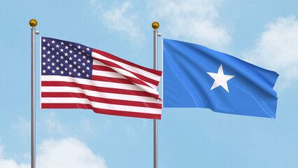 Waving flags of the United States of America and Somalia on sky background. Illustrating International Diplomacy, Friendship and Partnership with Soaring Flags against the Sky. 3D illustration.