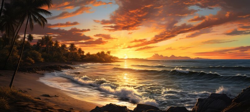 Evening sunset at beach landscape art painting background. Generative AI technology.	