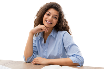 Smiling businesswoman looking at camera, make conference or business call, recording video blog, talking with client on a transparent background