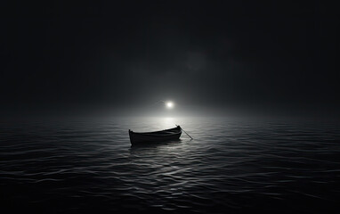 A minimalist style in dark boat floating far away in the ocean. 