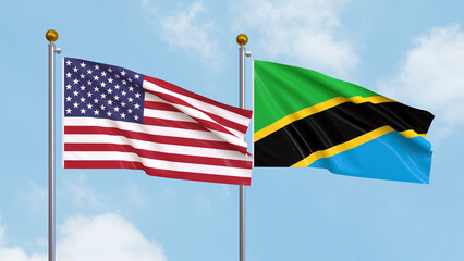 Waving flags of the United States of America and Tanzania on sky background. Illustrating International Diplomacy, Friendship and Partnership with Soaring Flags against the Sky. 3D illustration.