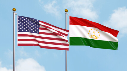 Waving flags of the United States of America and Tajikistan on sky background. Illustrating International Diplomacy, Friendship and Partnership with Soaring Flags against the Sky. 3D illustration.