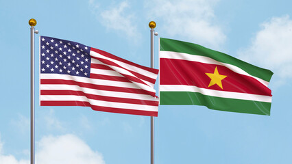 Waving flags of the United States of America and Suriname on sky background. Illustrating International Diplomacy, Friendship and Partnership with Soaring Flags against the Sky. 3D illustration.