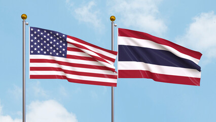 Waving flags of the United States of America and Thailand on sky background. Illustrating International Diplomacy, Friendship and Partnership with Soaring Flags against the Sky. 3D illustration.