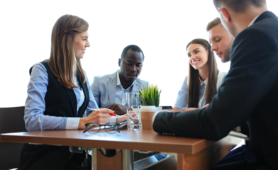 Portrait of smart business partners planning work at meeting on a transparent background