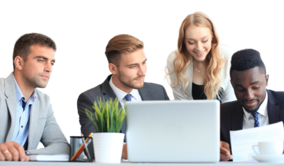 startup business team on meeting brainstorming, working on laptop and tablet computer on a transparent background