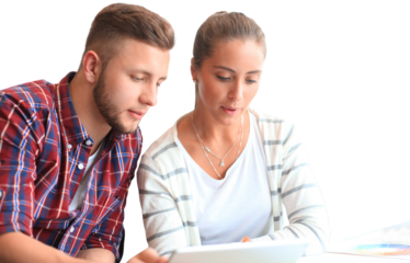 Image of two young business partners discussing plans or ideas at meeting on a transparent background