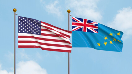 Waving flags of the United States of America and Tuvalu on sky background. Illustrating International Diplomacy, Friendship and Partnership with Soaring Flags against the Sky. 3D illustration.