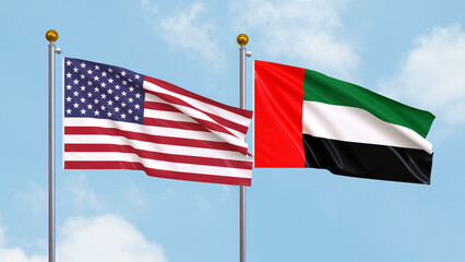 Flags of the United States of America and United Arab Emirates on sky background. Illustrating International Diplomacy, Friendship and Partnership with Soaring Flags against the Sky. 3D illustration.