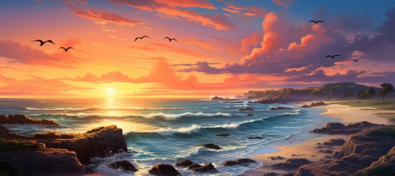 Tropical island and sunset beach landscape art painting background. Generative AI technology.	