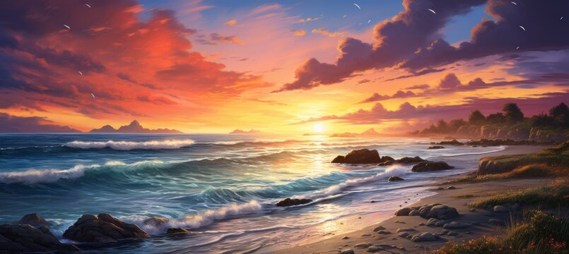 Dawn sunset beach landscape art painting background. Generative AI technology.	