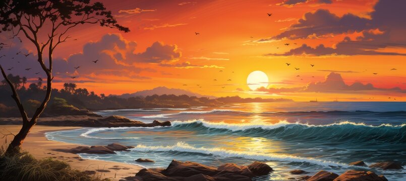 Dramatic sunset and beach landscape art painting background. Generative AI technology.	