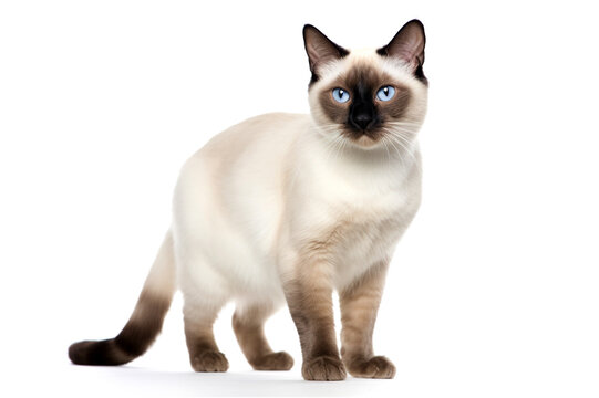 Siamese cat with bright blue eyes on a white background.