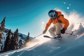 Gordijnen Skier skiing downhill in high mountains © Jasmina