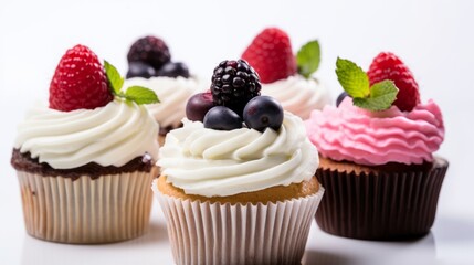 Illustration of delicious cupcakes with colorful frosting and fresh berries on top created with Generative AI technology