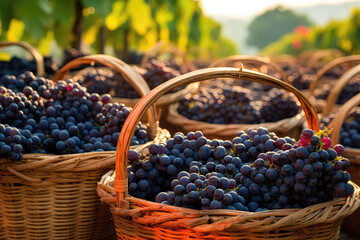 Baskets Of Assorted Grape Varieties During The Harvest. Generative AI