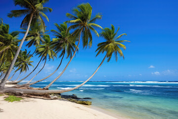 Coconut Trees On Beach With Blue Sky Background. Generative AI