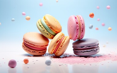 Colorful macaroons fly on the blue background.