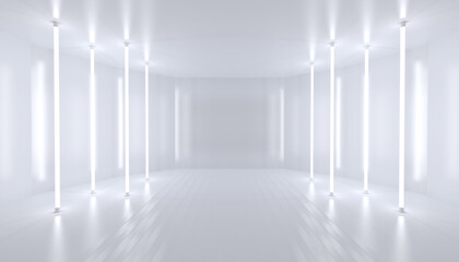 Fototapeta premium Abstract white background scene. Bright light from vertical lamps