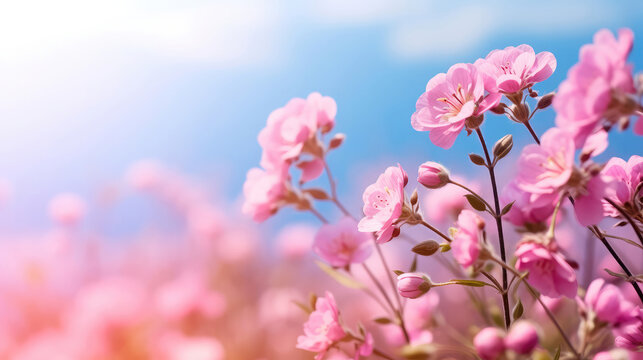Romantic Pink Blossoms: Delicate Flowers in a Serene Garden on a Peaceful Field Background