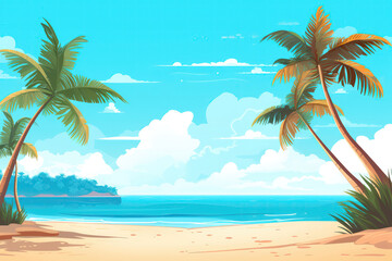 Fototapeta na wymiar Summer Beach Scene With Sand And Palm Trees. Generative AI