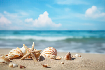 Fototapeta na wymiar Summer Beach Vacation With Sand And Seashells. Generative AI