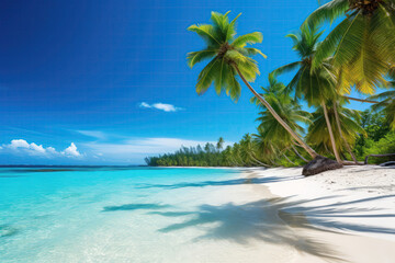 Fototapeta na wymiar Tropical Paradise With Palm Trees And Sandy Shore. Generative AI