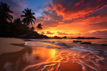 Fototapeta na wymiar Vibrant Sunset Over Sandy Tropical Beach. Generative AI